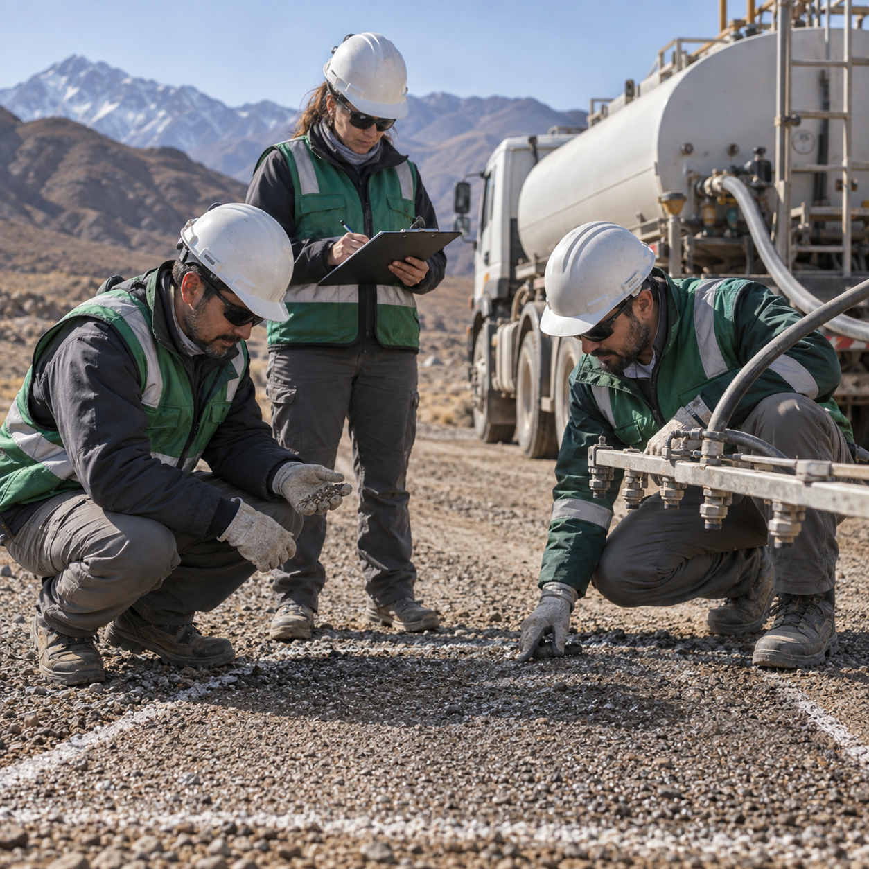Equipo técnico inspeccionando el material del camino y las boquillas de aplicación antes de una prueba de control de polvo en Argentina