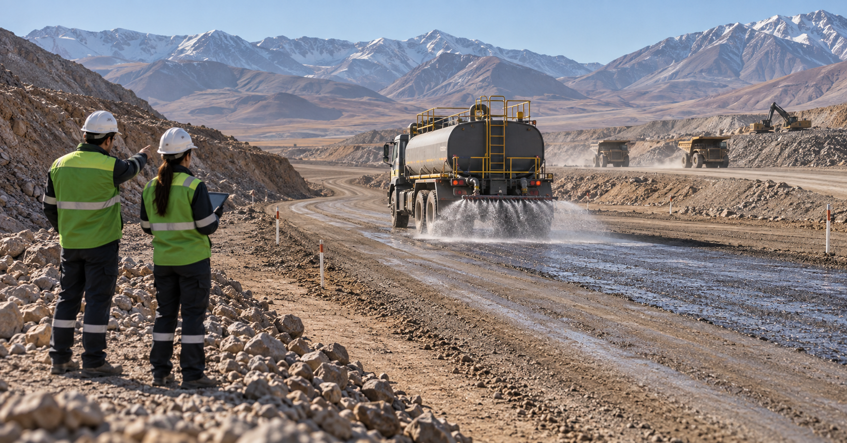 Camión aljibe aplicando ECO Dust Control en un tramo de prueba de un camino minero de montaña en Argentina mientras técnicos observan las condiciones superficiales