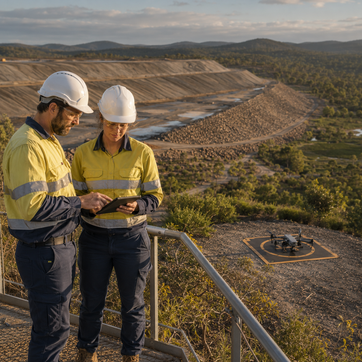 Mining and environmental professionals planning a drone inspection of an Australian tailings rehabilitation area
