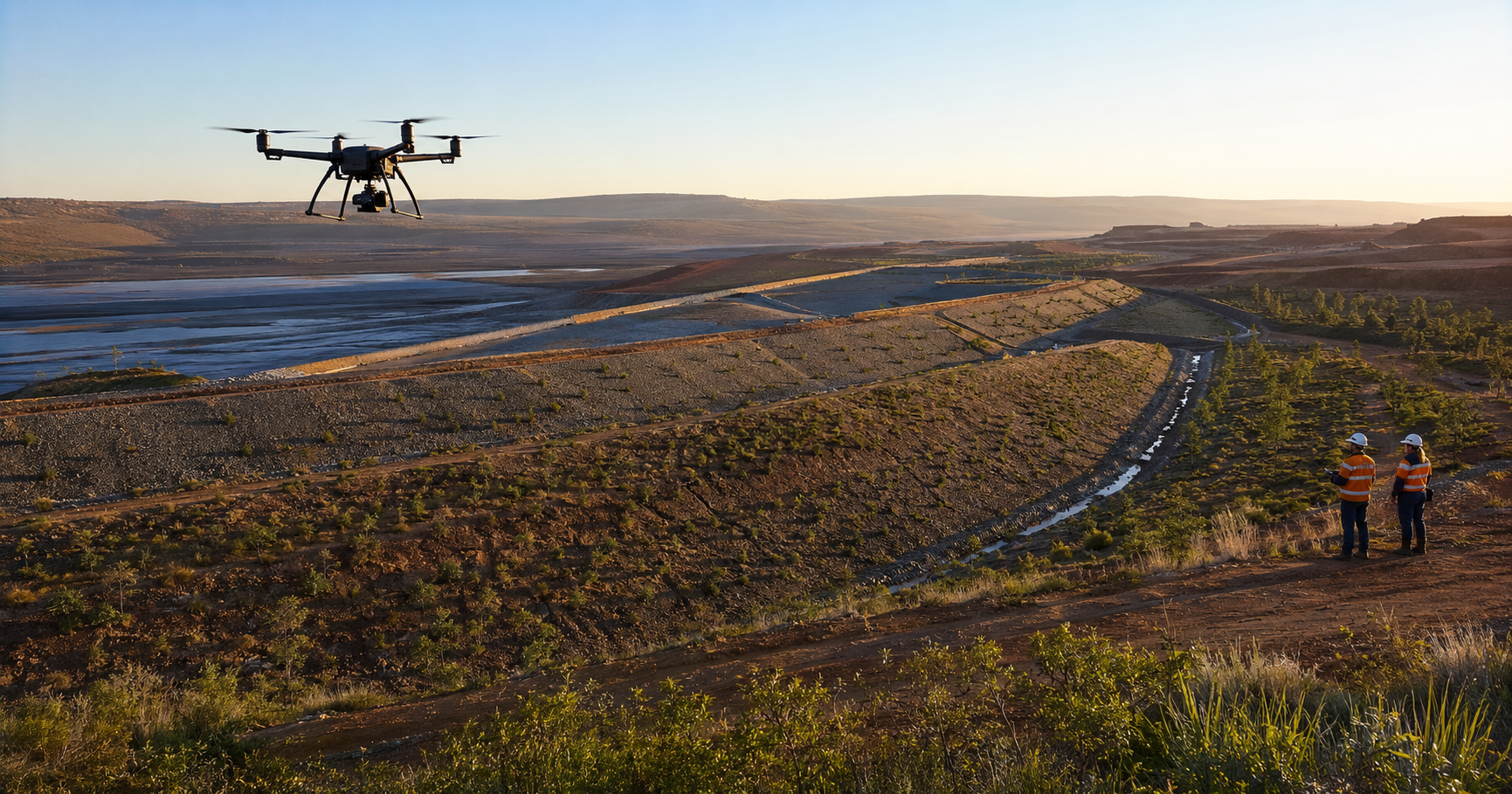 Industrial drone documenting tailings embankments and rehabilitated mining land in Australia