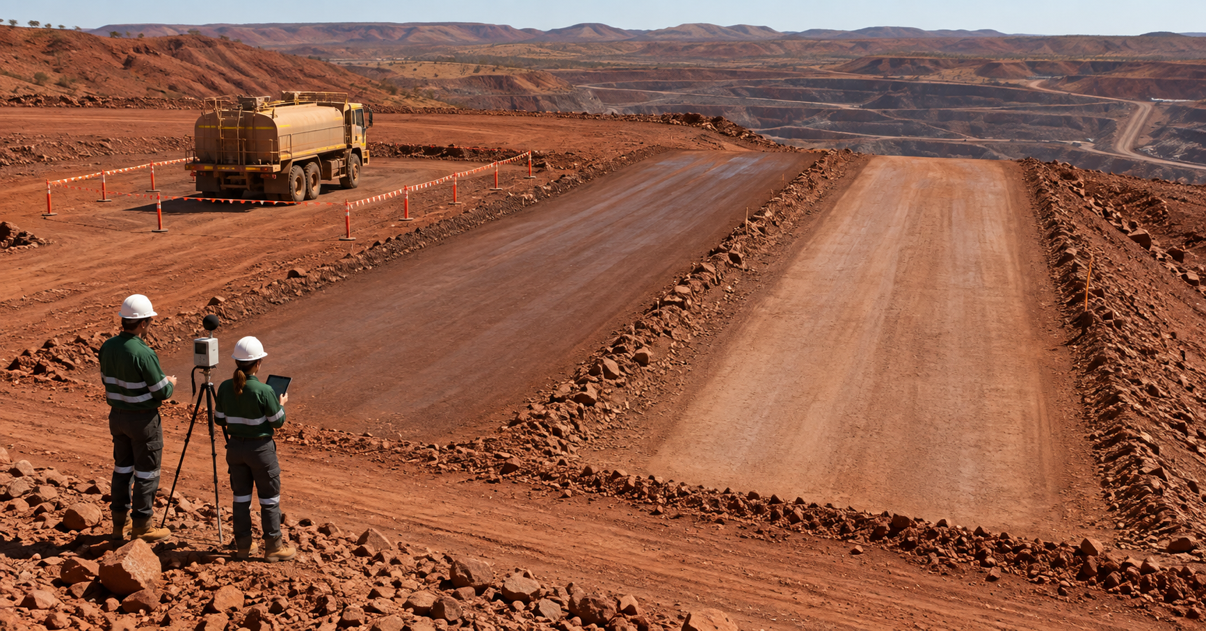 Water truck treating a defined mine haul-road pilot section in Australia while engineers record surface and dust conditions