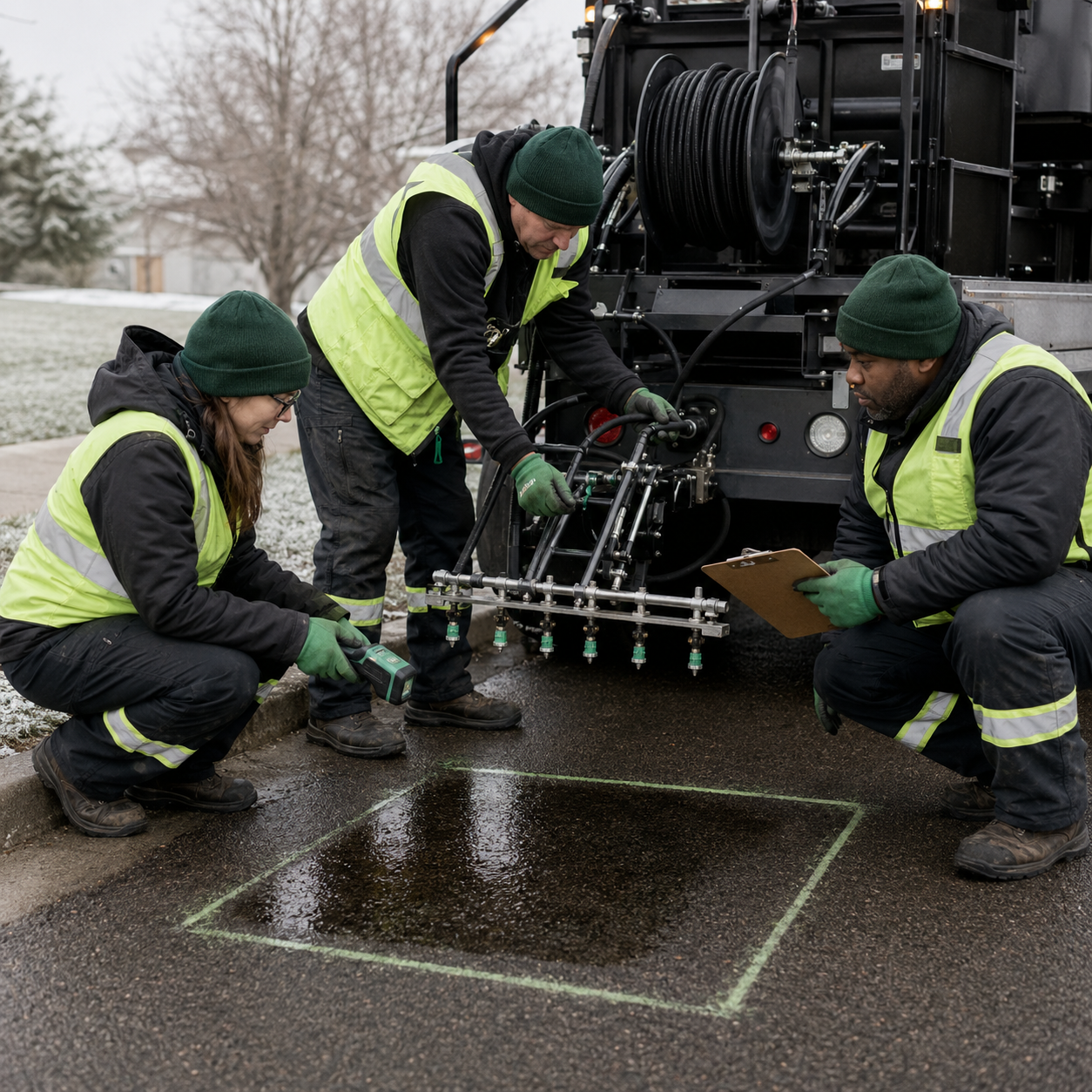 Canadian maintenance team calibrating spray nozzles and examining a marked pavement test area before winter operations