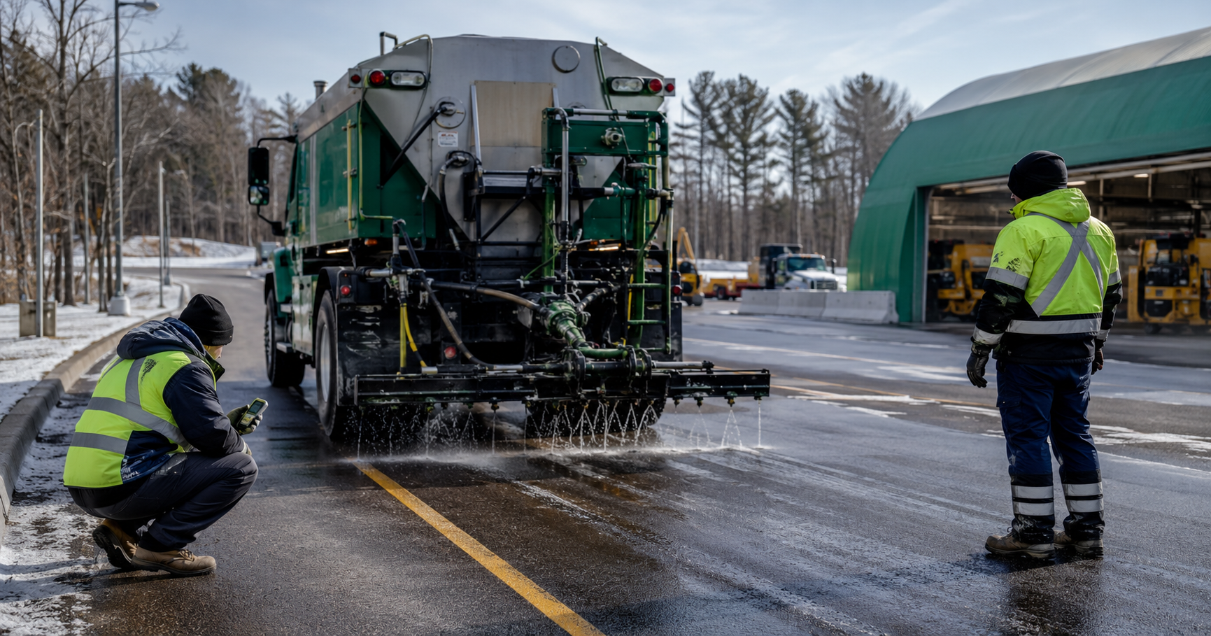 Canadian winter maintenance crew observing a calibrated spray truck during a controlled anti-icing trial on a lightly frosted asphalt road