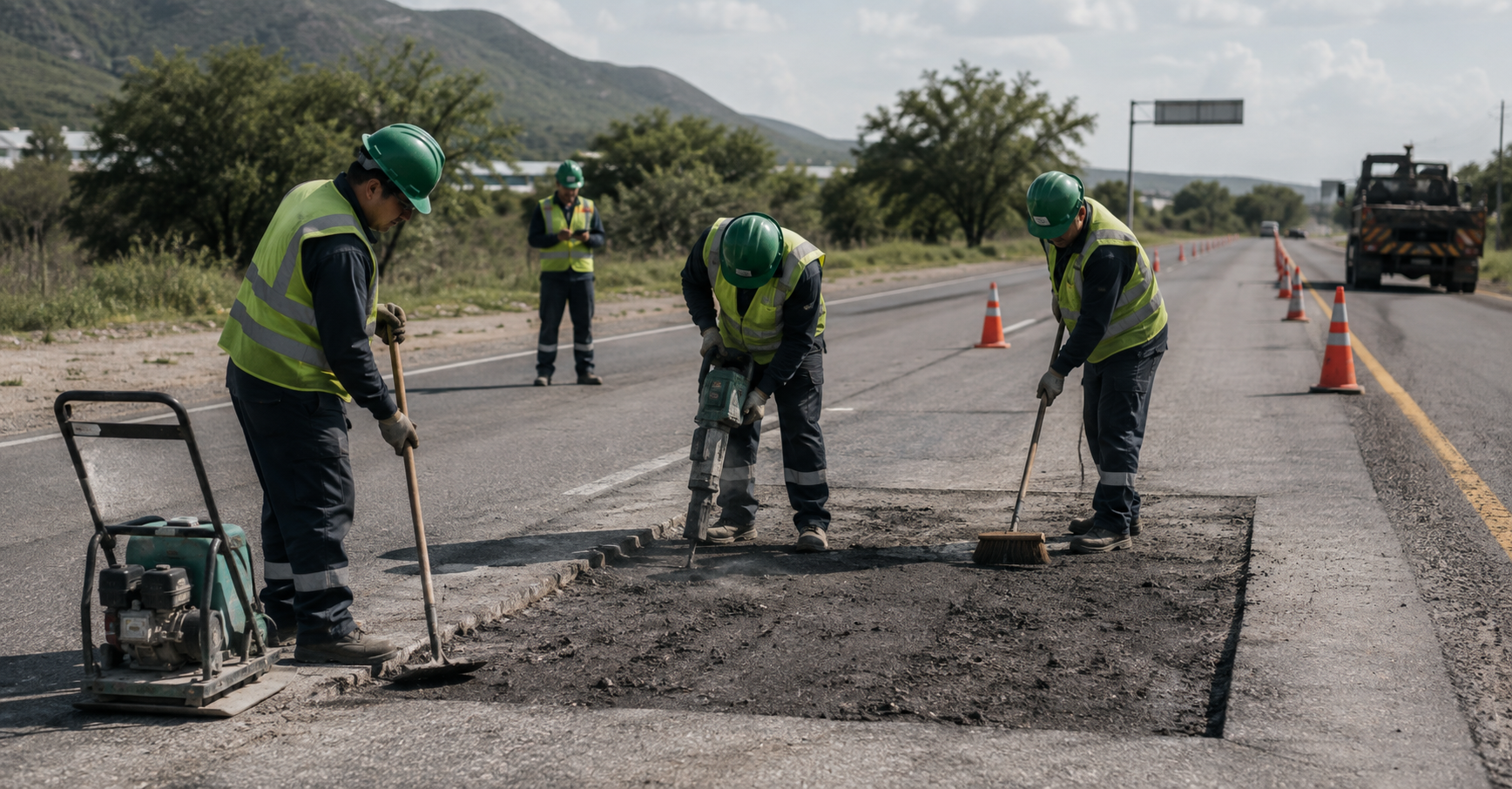 Equipo técnico preparando una reparación localizada de pavimento en una carretera mexicana