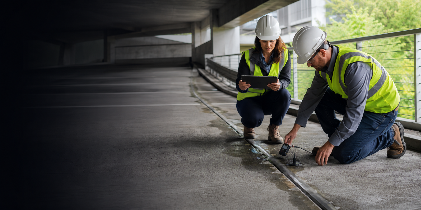 Engineers assessing a parking deck joint for moisture and water intrusion