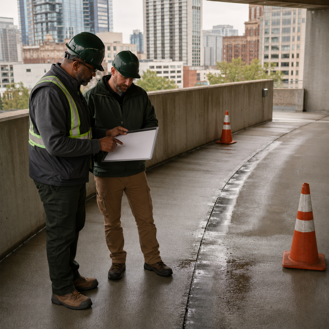 Facility professionals reviewing water intrusion along a parking deck joint