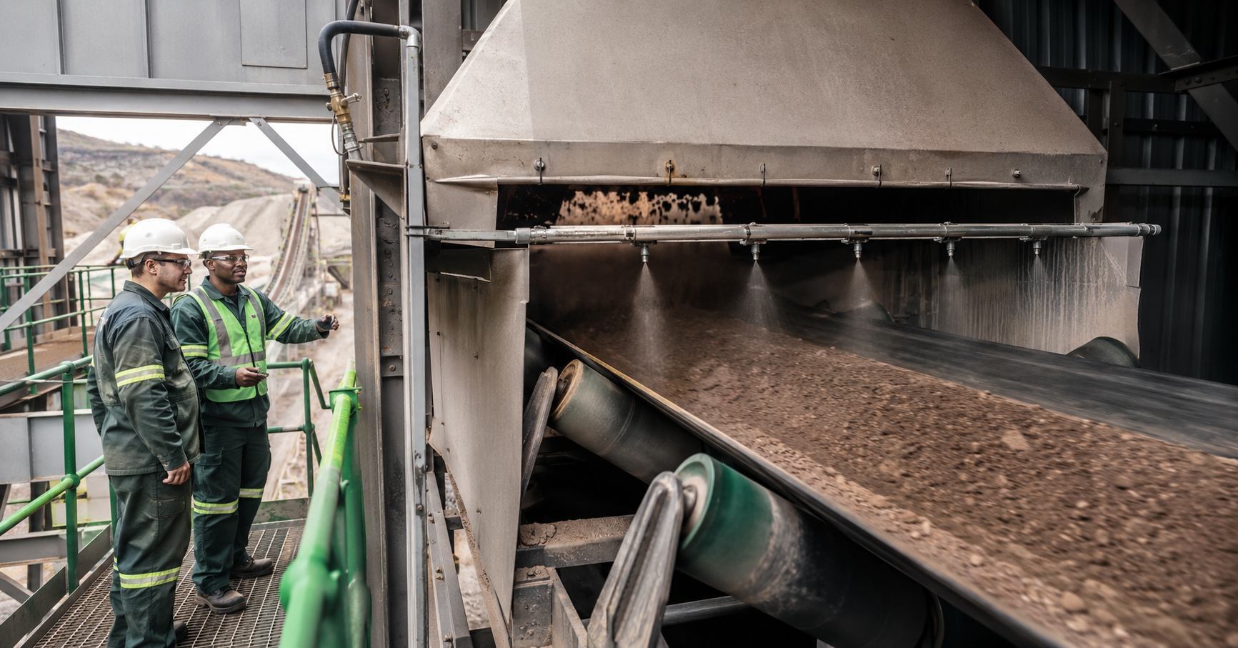 Technical inspection at a conveyor transfer point in a South African mineral processing plant