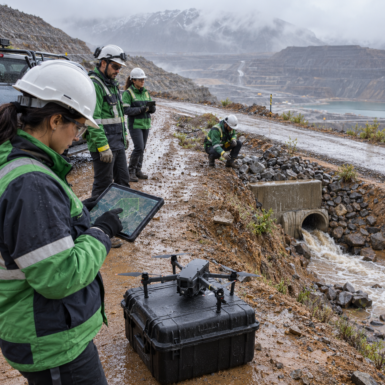 Equipo minero y RPAS evaluando un drenaje, erosión superficial y el área de vuelo después de lluvias en el norte de Chile