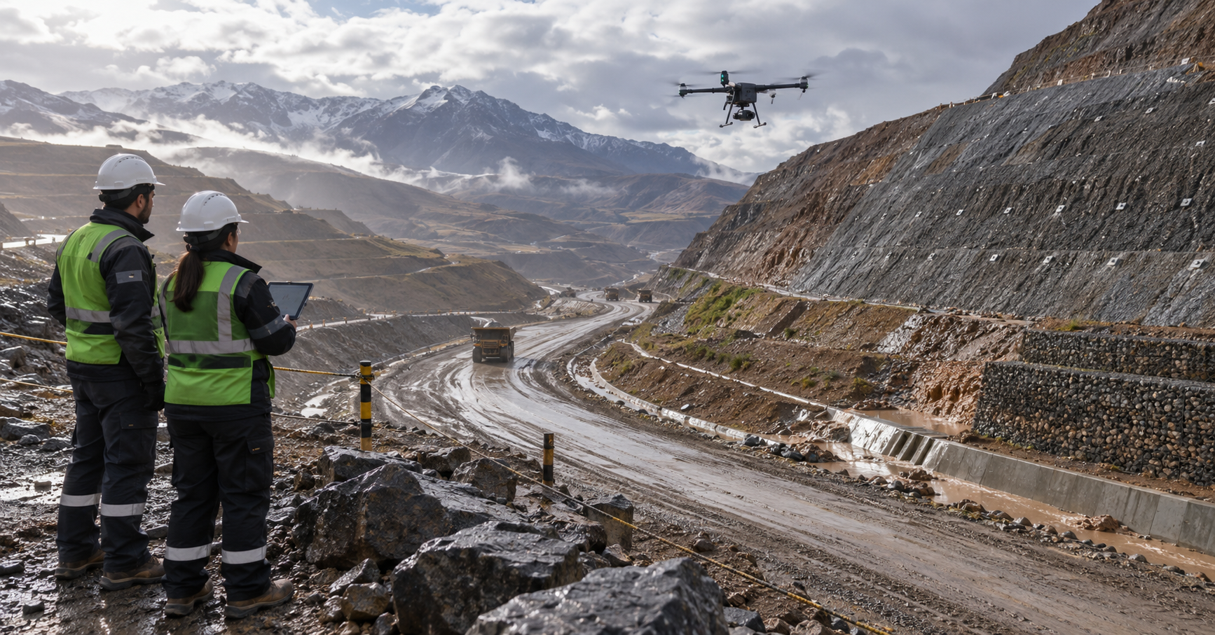 Dron documentando un camino minero, drenajes y taludes húmedos después de lluvias en una operación del norte de Chile